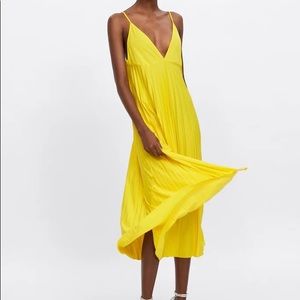 ZARA Yellow Pleated Midi Dress